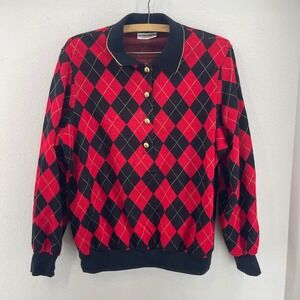 Vintage Alfred Dunner Sweater Womens L Black Red Gold Argyle Polo Knit USA 90s